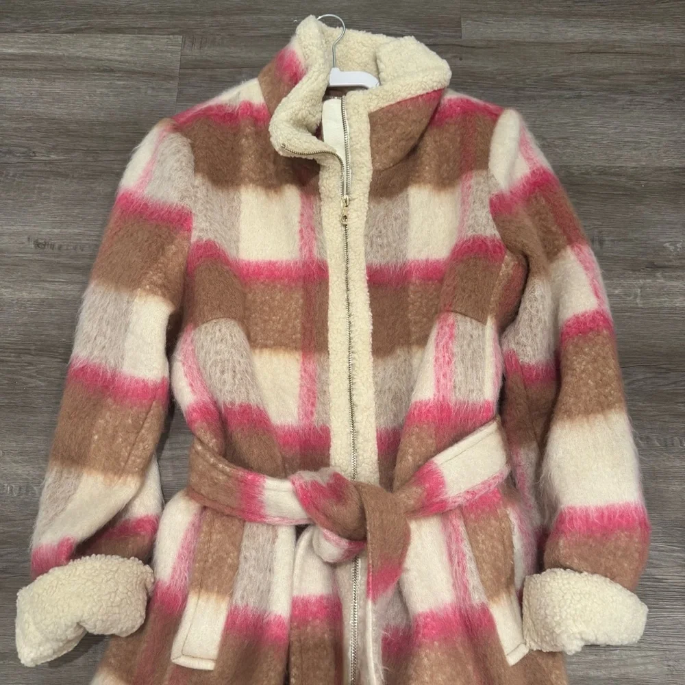 Kate Spade Belted Maxi Wool with Sherpa Detail Buffalo Plaid Coat